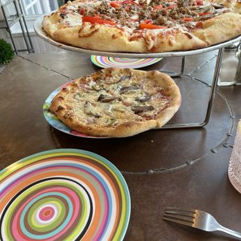 Lola's - Large building your own (Top) Small Steak & Cheese (Bottom) Cool plates too! - Pizza Near Me - Charleston, West Virginia