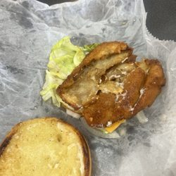 Chicken Run - No fish, just breading on two cheese fish sandwich