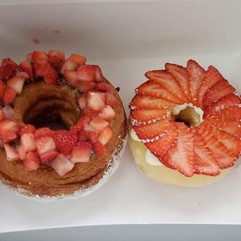 Jarams Donuts - Strawberry Nutella Cronut (Left) and strawberry cream cheese donut (right) - Donuts Near Me - Dallas, Texas