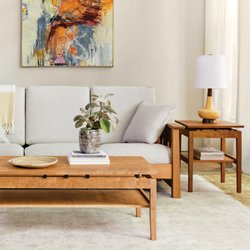The Pacific Sofa, Hochberg Coffee Table and Hochberg End Table from The Joinery. Handcrafted in Cherry.