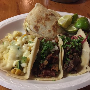 Tacos Chiwas - Calabicitas, tripas and Asada tacos in front.  Gordita Raja in the back. - Mexican Near Me - Phoenix, Arizona
