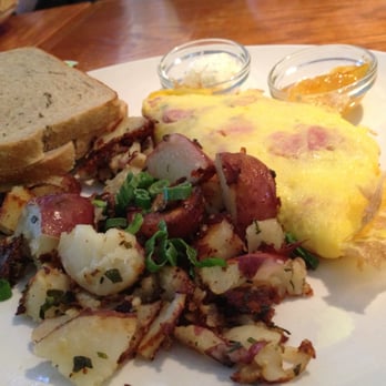 Simple Cafe - ham and mozzarella cheese omelette with !breakfast potatoes! and rye toast - Breakfast & Brunch Near Me - Lake Geneva, Wisconsin