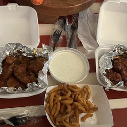 Spicy bbq, mango habanero, spicy ginger, & Nashville hot  "Curly fries"  20 Wings 2 Fries and 2 Drinks Combo