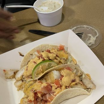 Burien Fish House - The full 2 piece grilled cod tacos and chowder. Look at the size of these things. Really really tasty. - Seafood Near Me - Burien, Washington Burien Fish House - The full 2 piece grilled cod tacos and chowder. Look at the size of these things. Really really tasty. - Seafood Near Me - Burien, Washington