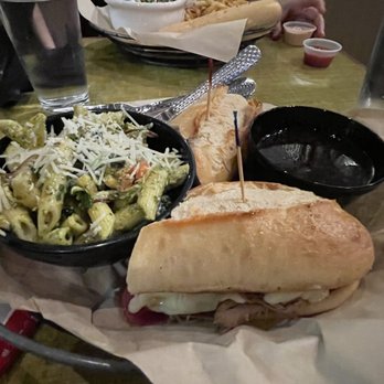 South Fork Public House - Prime Rib Sandwich served with au jus and Pasta Salad - American Near Me - Pullman, Washington