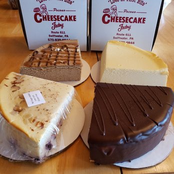 Pocono Cheesecake Factory - Clockwise: Original cheesecake, Chocolate Ganache, Sugar free blueberry and I'm not sure about the last one - Bakeries Near Me - Swiftwater, Pennsylvania Pocono Cheesecake Factory - Clockwise: Original cheesecake, Chocolate Ganache, Sugar free blueberry and I'm not sure about the last one - Bakeries Near Me - Swiftwater, Pennsylvania