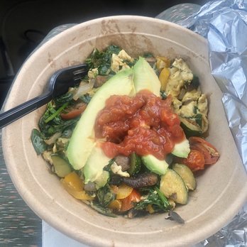 Big Blue Bear - Gluten free, dairy free breakfast burrito bowl, extra veggie, hold the burrito... add salsa... Merry Christmas! Happy Camper!! :D - Coffee & Tea Near Me - Kernville, California