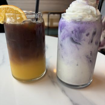 Toast In Town - Cold brew and orange juice (left), Ube drink in the right - Salad Near Me - Foster City, California Toast In Town - Cold brew and orange juice (left), Ube drink in the right - Salad Near Me - Foster City, California