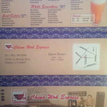 China Wok Express - Outside of menu, featuring address and beverages. - Chinese Near Me - Whittier, California