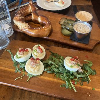 Weller's Bistro - Deviled eggs and Pretzel with dips. - New American Near Me - Ogden, Utah Weller's Bistro - Deviled eggs and Pretzel with dips. - New American Near Me - Ogden, Utah