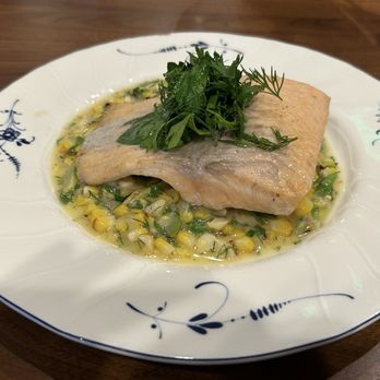 Maligne - Mt Lassen Trout - Grilled sweet corn, haricots, beurre blanc $42 - New American Near Me - Seaside, California Maligne - Mt Lassen Trout - Grilled sweet corn, haricots, beurre blanc $42 - New American Near Me - Seaside, California