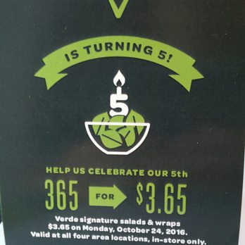 Verde - Just $3.65 for signature salad & wraps on Monday 10/24, instore only! - Salad Near Me - Mount Pleasant, South Carolina Verde - Just $3.65 for signature salad & wraps on Monday 10/24, instore only! - Salad Near Me - Mount Pleasant, South Carolina