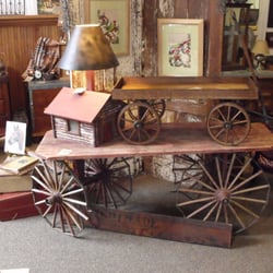 Apple Pie Antiques - Childs oak wagon stacked on railroad baggage cart, 30s cabin lamp