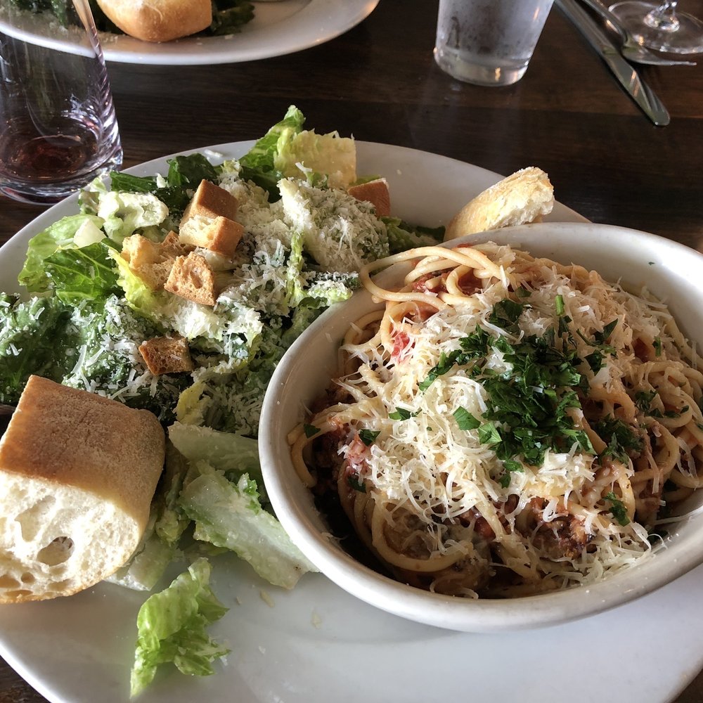 Pastini - Spaghetti with Spicy Sausage w/caesar salad (lunch combo portion) - Italian Near Me - Eugene, Oregon Pastini - Spaghetti with Spicy Sausage w/caesar salad (lunch combo portion) - Italian Near Me - Eugene, Oregon