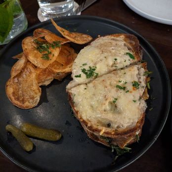 Lallande - Croque Forestier - excellent sandwich, very salty chips, and would have loved more pickles! - French Near Me - Madison, Wisconsin