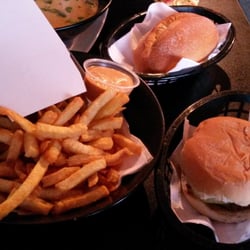 The Burnt Tongue - Thai shrimp w/ coconut soup, fries, burger