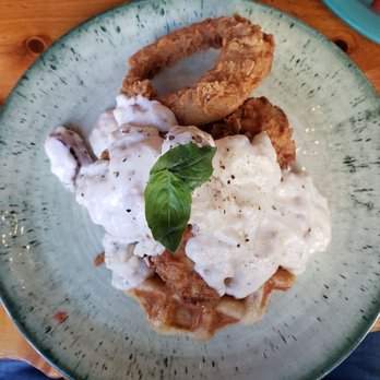 Waffle Me Up - Waffles and Chicken with gravy and an onion ring. - Breakfast & Brunch Near Me - Boise, Idaho