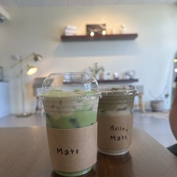 Mate Coffee Bar - (left) banana pudding matcha & (right) early grey einspanner - Coffee & Tea Near Me - Hawaiian Gardens, California
