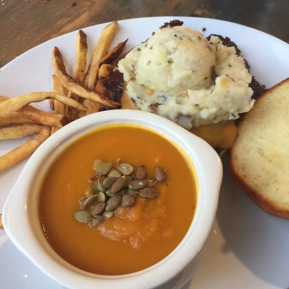 Babcock's Grove House - Smashed potato burger with carrot cumin soup and some borrowed fries. This burger was phenomenal. - Comfort Food Near Me - Lombard, Illinois Babcock's Grove House - Smashed potato burger with carrot cumin soup and some borrowed fries. This burger was phenomenal. - Comfort Food Near Me - Lombard, Illinois