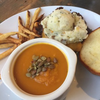 Babcock's Grove House - Smashed potato burger with carrot cumin soup and some borrowed fries. This burger was phenomenal. - Comfort Food Near Me - Lombard, Illinois Babcock's Grove House - Smashed potato burger with carrot cumin soup and some borrowed fries. This burger was phenomenal. - Comfort Food Near Me - Lombard, Illinois