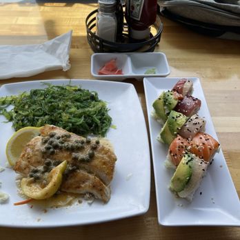 NDMK Fish House - Seabass with a lemon butter, keeper sauce, and rainbow roll! This is a must try! - Sushi Bars Near Me - Avalon, California NDMK Fish House - Seabass with a lemon butter, keeper sauce, and rainbow roll! This is a must try! - Sushi Bars Near Me - Avalon, California