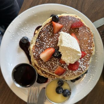 The Shop - Buttermilk pancakes we asked for a side of lemon curd because Yes - Breakfast & Brunch Near Me - Albuquerque, New Mexico