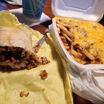 Grand Burger - Breakfast  Burrito Combination (With Asada and Sour Cream added upon request)  Large Chili Cheese Fries  2 Drinks - Burgers Near Me - Rancho Cucamonga, California