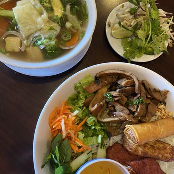 Pho Bar - Top left corner: #38 Small veg and tofu pho. Lower right corner: #58 Vermicelli noodle bowl with all proteins - Vietnamese Near Me - Rio Rancho, New Mexico