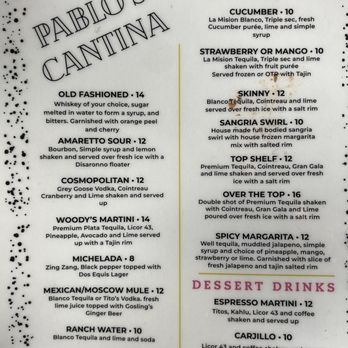 Pablo's Restaurant & Cantina - Cantina Cocktail menu - Mexican Near Me - Fate, Texas