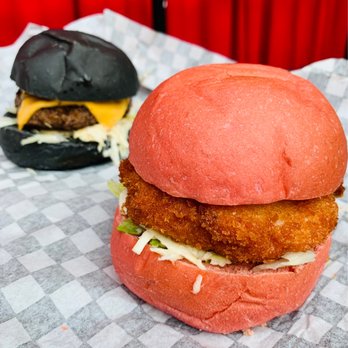 Hong Bo Burger & Poutine - Left Teriyaki burger and Right Crispy shrimp burger - Burgers Near Me - Markham, Ontario Hong Bo Burger & Poutine - Left Teriyaki burger and Right Crispy shrimp burger - Burgers Near Me - Markham, Ontario