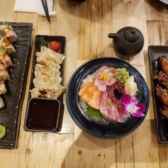 Fuji at Assembly - From the left: Some roll, yaki gyoza, chirashi, chicken wings - Sushi Bars Near Me - Somerville, Massachusetts Fuji at Assembly - From the left: Some roll, yaki gyoza, chirashi, chicken wings - Sushi Bars Near Me - Somerville, Massachusetts