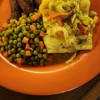 Hillside Terrace - Mahi Mahi with plantains and peas & carrots. - Caribbean Near Me - Cruz Bay, Virgin Islands
