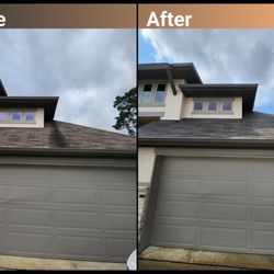 Howdy Home Services - Algae and grit coming down front of roof from gutters.