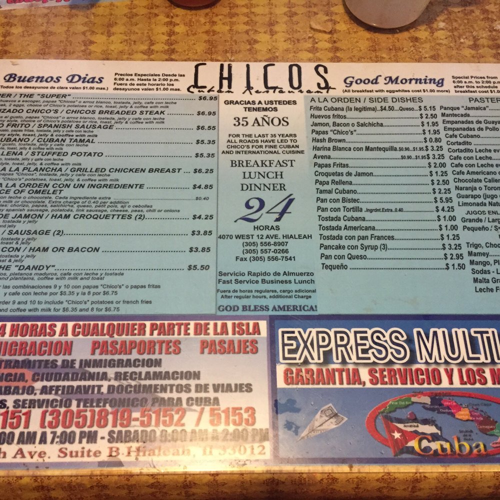 Chico's Restaurant - The menu is under glass on your table. - Cuban Near Me - Hialeah, Florida Chico's Restaurant - The menu is under glass on your table. - Cuban Near Me - Hialeah, Florida