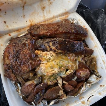 OMG Baked Potatoes - I got the form eat potato which is sausage chicken and rib andExtra chicken - Soul Food Near Me - Houston, Texas OMG Baked Potatoes - I got the form eat potato which is sausage chicken and rib andExtra chicken - Soul Food Near Me - Houston, Texas