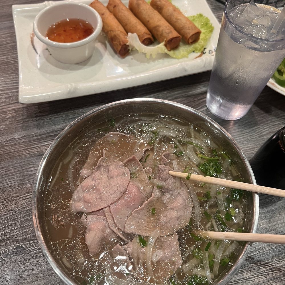 Pho-Ology - Rare Filet Mignon Pho and shrimp and pork egg rolls - Vietnamese Near Me - Whittier, California