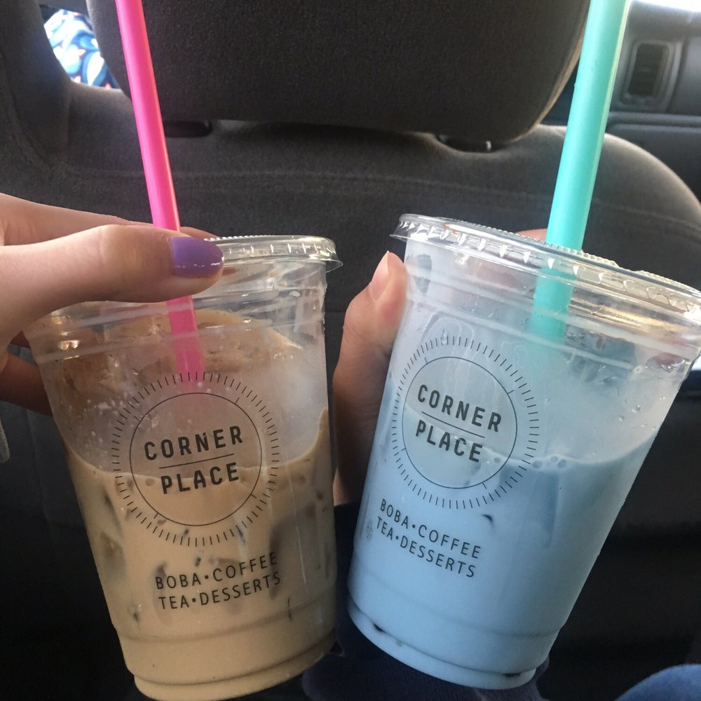 Hooked On Coffee - left: iced toffee nut latte (4/5) right: butterfly skyfall milk tea (3/5) - Coffee & Tea Near Me - Whittier, California Hooked On Coffee - left: iced toffee nut latte (4/5) right: butterfly skyfall milk tea (3/5) - Coffee & Tea Near Me - Whittier, California