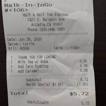 Half and Half Tea Express - They charge extra for taro pudding? In lieu of egg pudding? - Coffee & Tea Near Me - Arcadia, California