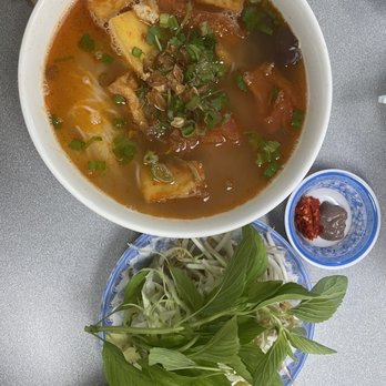 Fresh Tofu - Bun rieu - tomato and crab paste noodle soup with garnishes - Vietnamese Near Me - Austin, Texas Fresh Tofu - Bun rieu - tomato and crab paste noodle soup with garnishes - Vietnamese Near Me - Austin, Texas