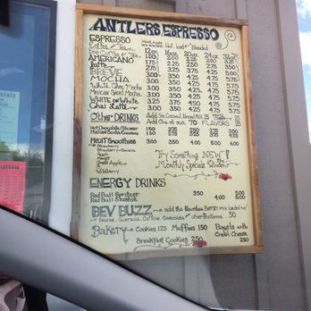 Antlers Espresso - Menu at the drive thru window - Coffee & Tea Near Me - La Grande, Oregon Antlers Espresso - Menu at the drive thru window - Coffee & Tea Near Me - La Grande, Oregon