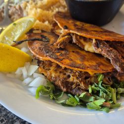 Queso birria tacos, rice, beans consome