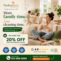 The Real Maids - VIP recurring house cleaning for busy Tampa Bay homeowners Weekly & biweekly service since 2012 Calm home. Less stress. More free time.