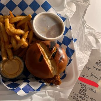 Palmer's Hot Chicken - MOTHER CLUCKER w/ MAPLE BAKED BEANS w/ SMOTHERED FRIES w/ BIG DADDY'S NANNER PUDDIN - Southern Near Me - Garland, Texas Palmer's Hot Chicken - MOTHER CLUCKER w/ MAPLE BAKED BEANS w/ SMOTHERED FRIES w/ BIG DADDY'S NANNER PUDDIN - Southern Near Me - Garland, Texas