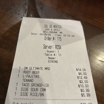 Sol de Mexico Bar & Grill - Check-bill - Mexican Near Me - Bellingham, Massachusetts