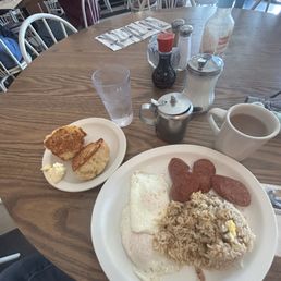 Combo #3 with fried rice and substitute biscuit. Coffee