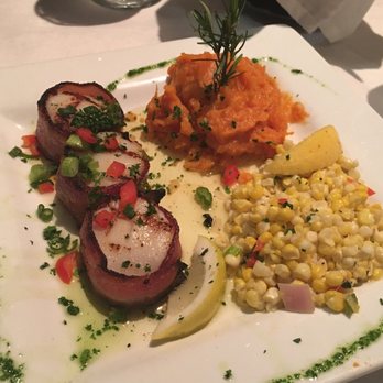 Fish Thyme - Bacon wrapped scallops with the mashed sweet potatoes & sautéed corn - Cafes Near Me - Acworth, Georgia Fish Thyme - Bacon wrapped scallops with the mashed sweet potatoes & sautéed corn - Cafes Near Me - Acworth, Georgia