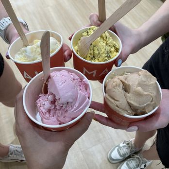Malai - rose with cinnamon roasted almonds; saffron pistachio: cardamom pistachio crumble; tamarind spice; mango & cream - Ice Cream & Frozen Yogurt Near Me - Washington, DC, District of Columbia