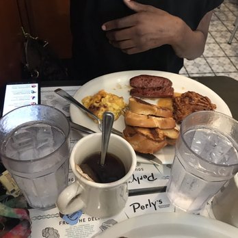 Perly's - Weekend Schnorrer: 2 eggs any style, sausage, potato latke with applesauce & chive sour cream, toast, coffee - Delis Near Me - Richmond, Virginia