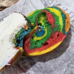 Tie dye bagel with cream cheese