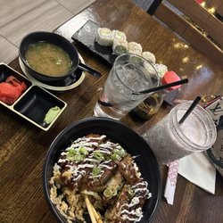 Cali roll / miso soup / takatsu bowl / taro milk tea